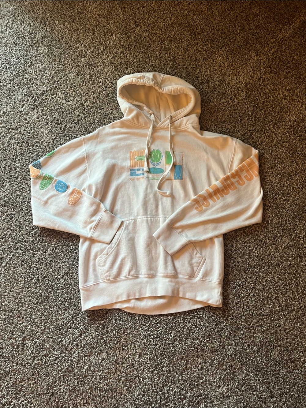 Cream Crewneck Hoodie with Multicolor Graphic Accents